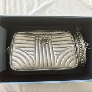 Prada Silver Metallic Leather Diagramme Crossbody Bag Silvery